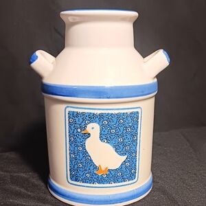 Vintage Ceramic Milk Jug Utensil Holder Vase with Blue And White Farmhouse Duck